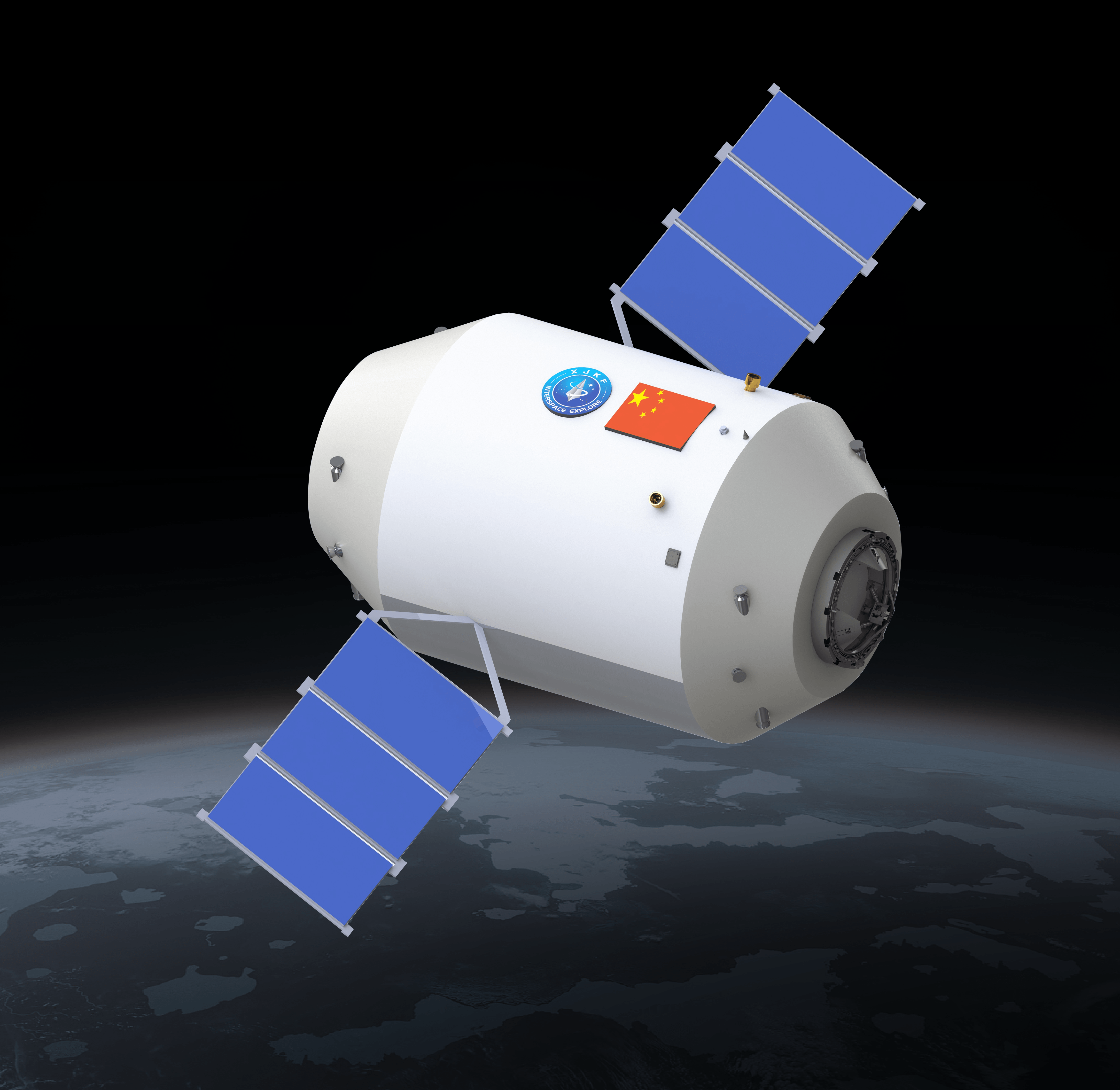星际天坊太空制造平台与展开太阳翼的在轨渲染图